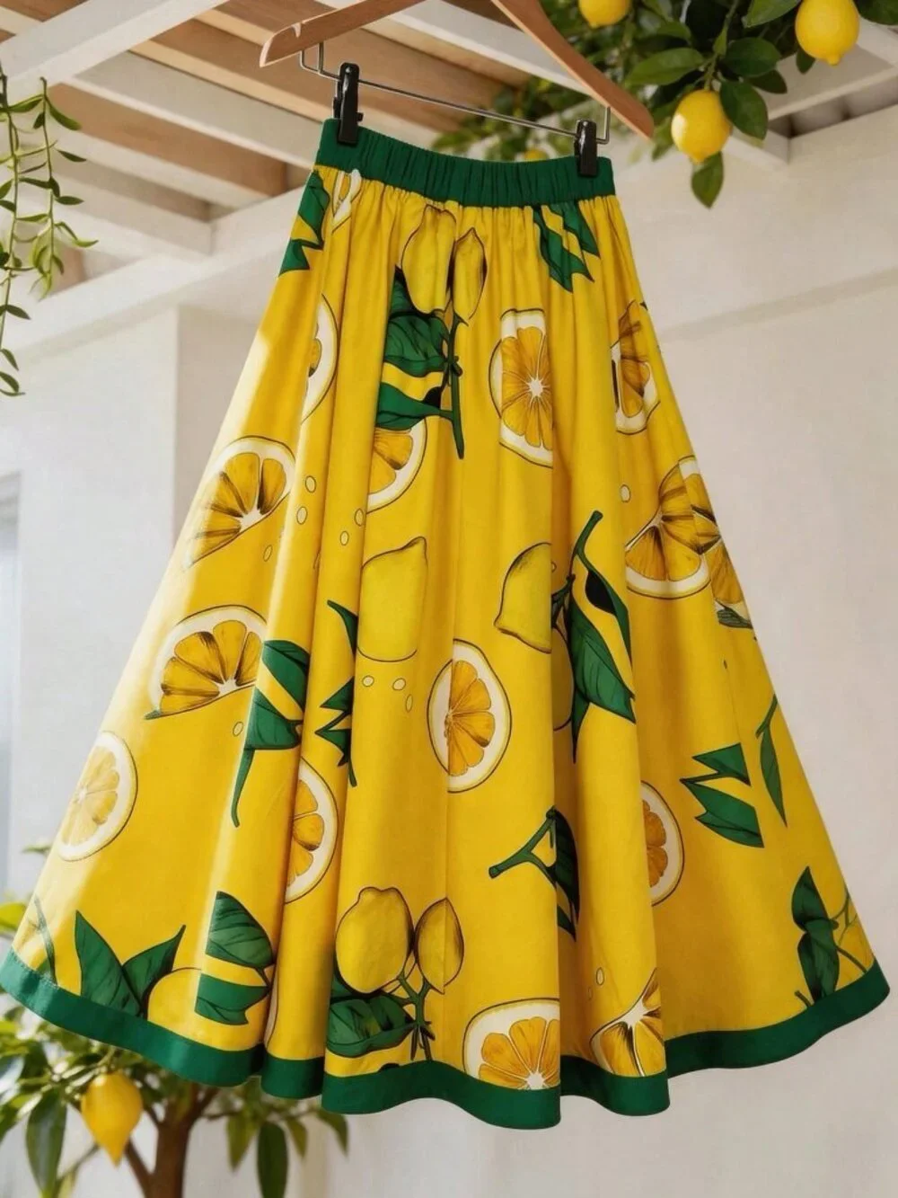 Yellow Casual Women's Vacation Lemon Print A-Line Skirt
